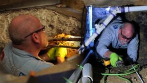 Professional plumber inspecting and repairing plumbing pipes in a crawl space using specialized leak detection equipment